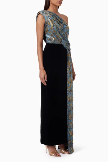 Sylvie One-shoulder Draped Dress in Chiffon Velvet Jacquard