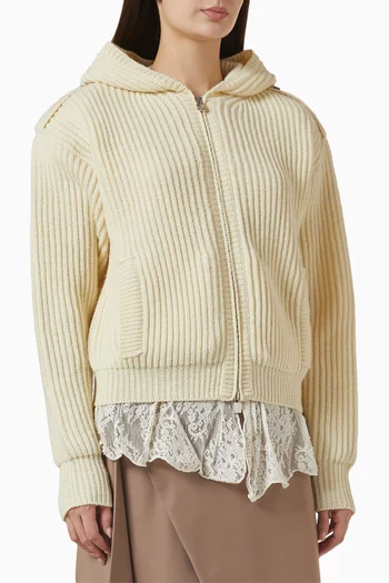 Lace-trim Hoodie in Rib-knit