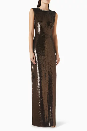 Embellished Neck Sequin Gown