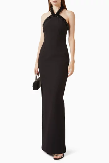 Embellished Halter-neck Gown in Crepe