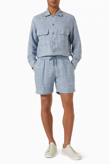 Windowpane Check Flat Front Shorts in Linen