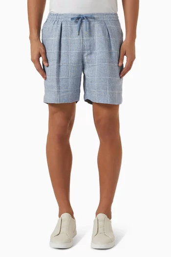 Windowpane Check Flat Front Shorts in Linen