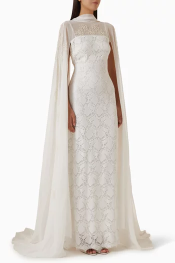 Embellished Cape Dress in Organza & Chiffon