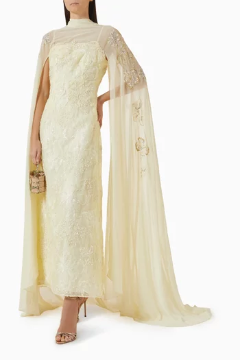 Embellished Cape Dress in Organza & Chiffon