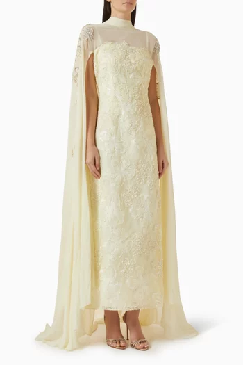 Embellished Cape Dress in Organza & Chiffon