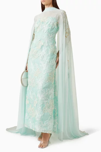 Embellished Cape Dress in Organza & Chiffon