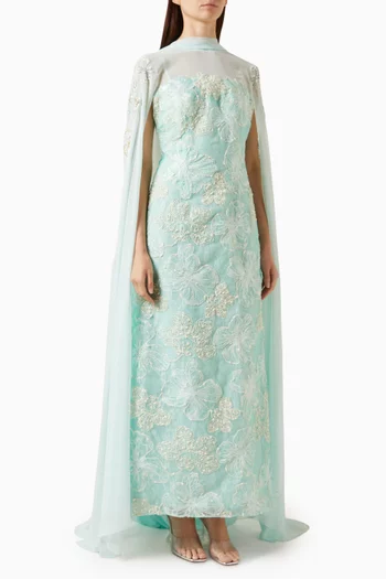 Embellished Cape Dress in Organza & Chiffon