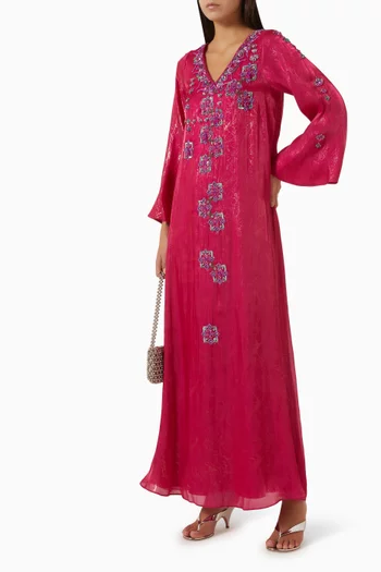 Floral-embellished Dress in Metallic Linen