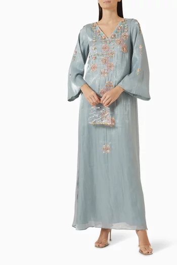 Floral-embellished Dress in Metallic Linen