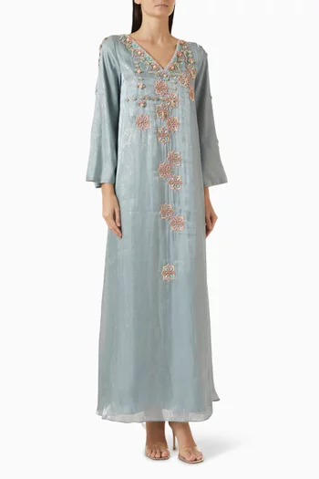 Floral-embellished Dress in Metallic Linen