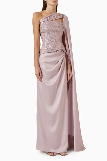 Embellished Peplum One-shoulder Gown