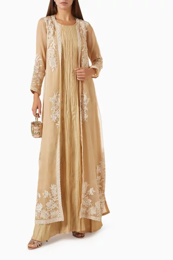 Embroidered Kaftan Set in Cotton-silk & Organza