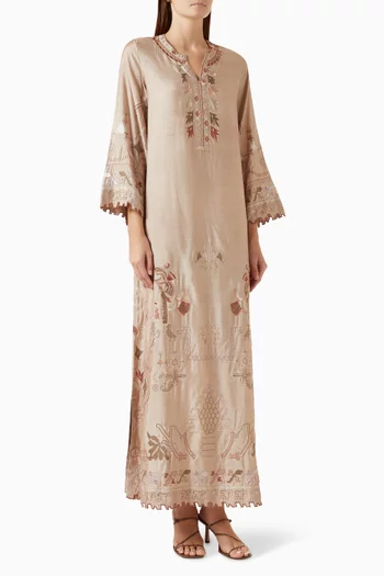 Embroidered Kaftan in Cotton-silk
