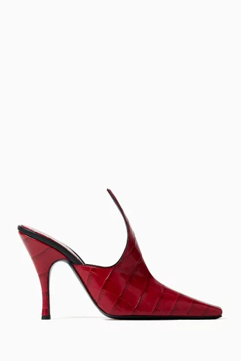 MULES WITH SCULPTURAL SPIKE SHAPE UPPER AND HIGH 100MM STILETTO HEEL IN SHINY CROC EFFECT EMBOSSED CALFSKIN LEATHER:BURGUNDY:40|220077680
