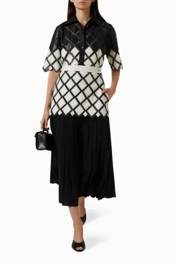 Lattice Pleated Midi Skirt in Faux Leather & Crepe