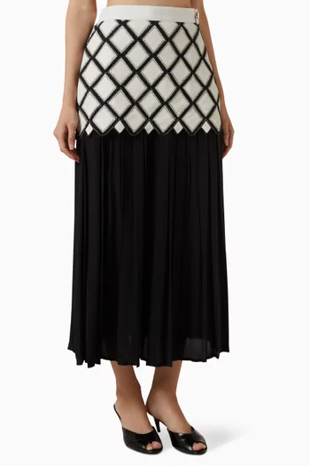 Lattice Pleated Midi Skirt in Faux Leather & Crepe