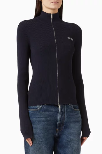 Intarsia Logo Zip-up Cardigan in Cotton