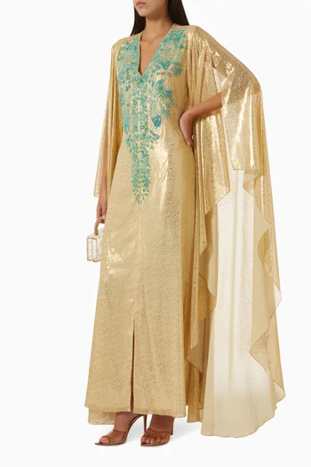 Embellished Cape Kaftan in Metallic Crepe