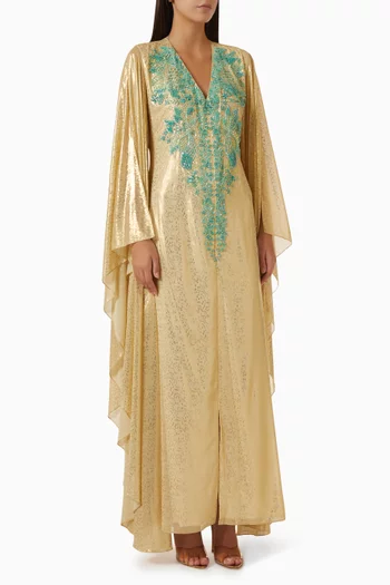 Embellished Cape Kaftan in Metallic Crepe