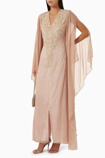 Embroidered Cape Kaftan in Lace Tulle