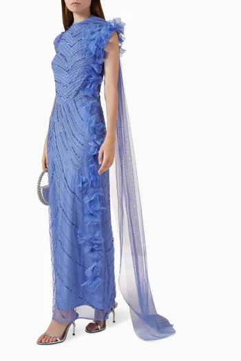 Beaded Ruffle Net Gown