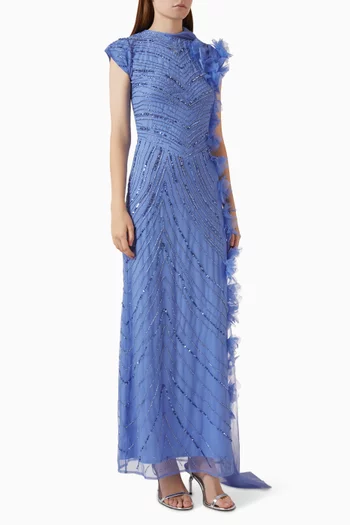 Beaded Ruffle Net Gown