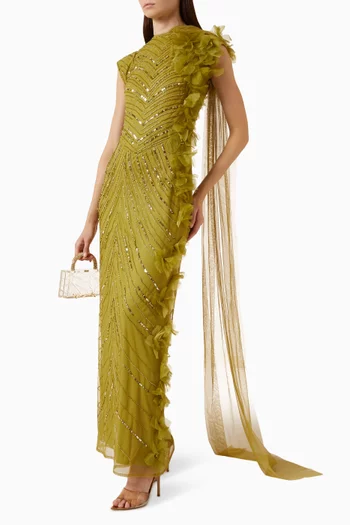 Beaded Ruffle Net Gown
