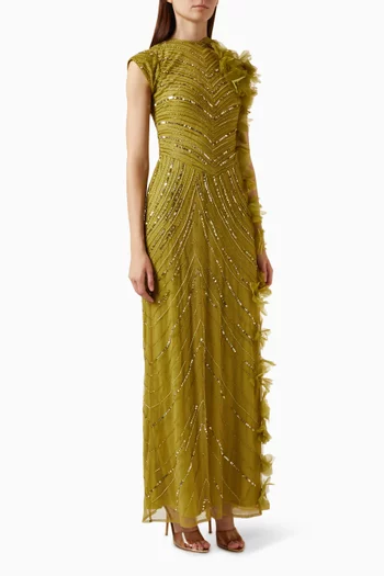 Beaded Ruffle Net Gown