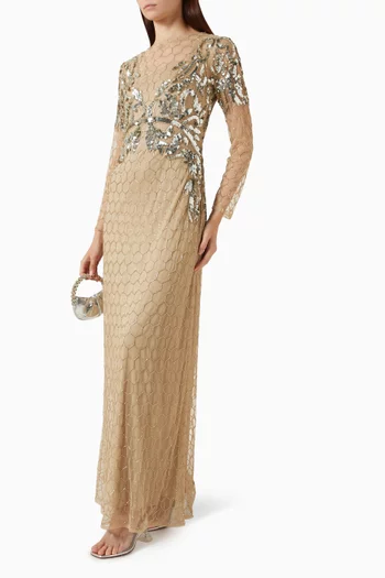 Sequin Embellished Net Overlay Gown
