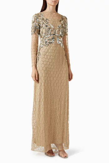 Sequin Embellished Net Overlay Gown