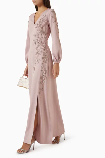 Bead Embroidered V-neck Gown in Crepe