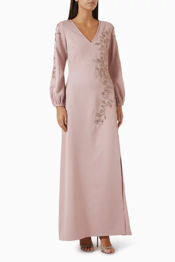 Bead Embroidered V-neck Gown in Crepe