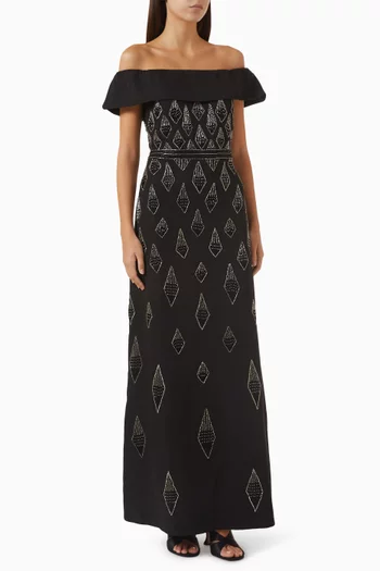 Off-shoulder Beaded Gown in Crepe