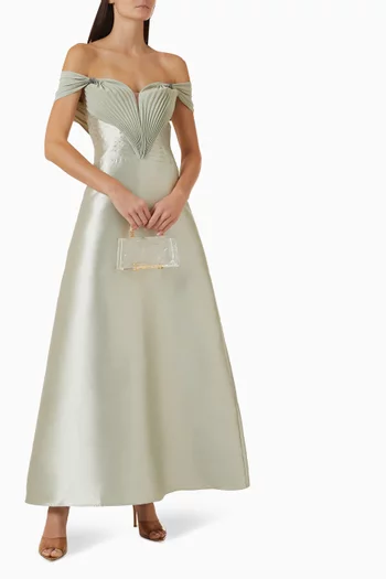 Pleated Off-shoulder Dress in Satin