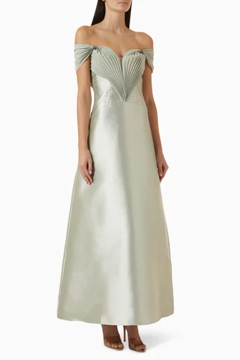 Pleated Off-shoulder Dress in Satin