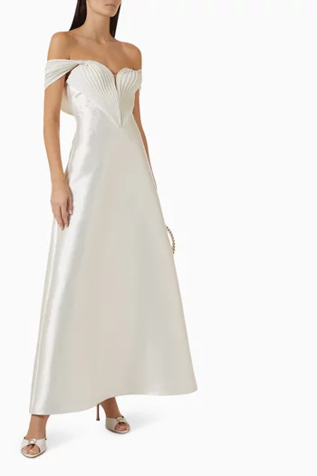 Pleated Off-shoulder Dress in Satin
