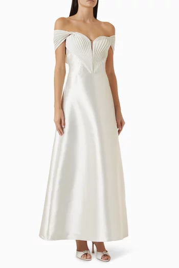 Pleated Off-shoulder Dress in Satin