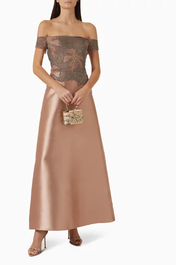 Embellished Off-shoulder Dress in Satin