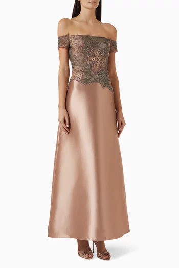 Embellished Off-shoulder Dress in Satin