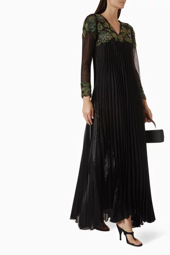 Petal-embroidered Pleated Dress in Organza