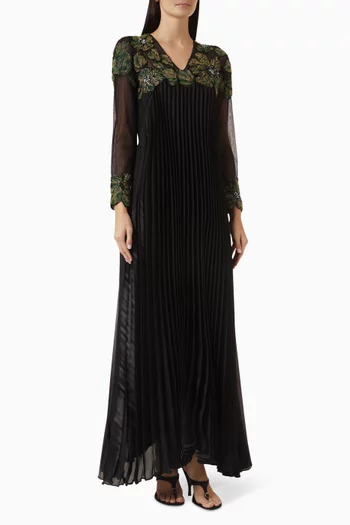 Petal-embroidered Pleated Dress in Organza