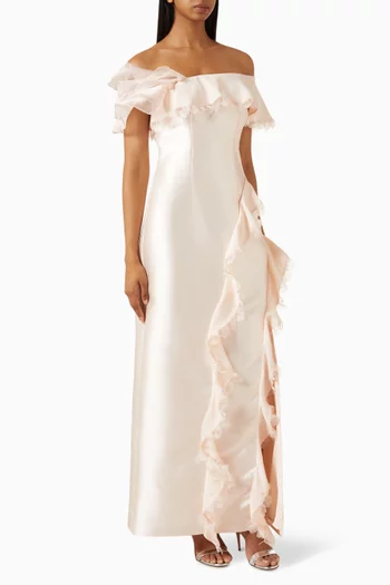 3D Petal Off-shoulder Dress in Satin
