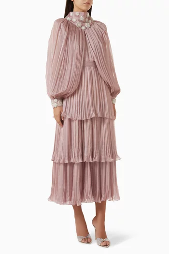 Embroidered Pleated Midi Dress in Organza
