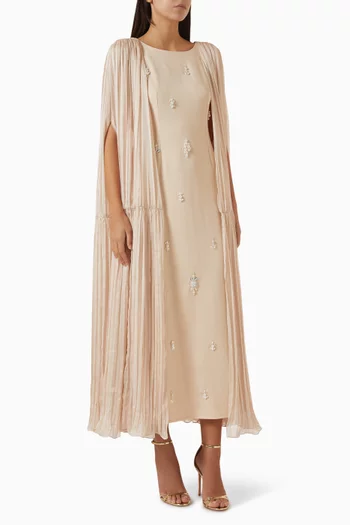 Embroidered Cape Maxi Dress in Crepe & Chiffon