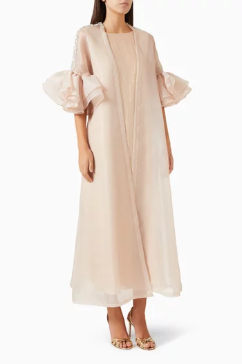 Crystal-Embellished Ruffled Cape in Organza & Satin