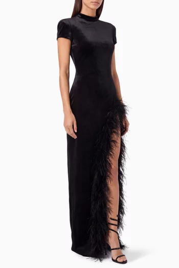 Feather-trim Slit Dress