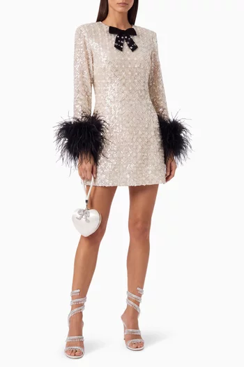 Embellished Feather-trim Mini Dress