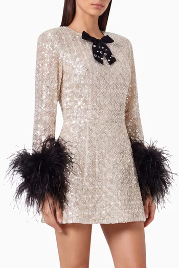 Embellished Feather-trim Mini Dress