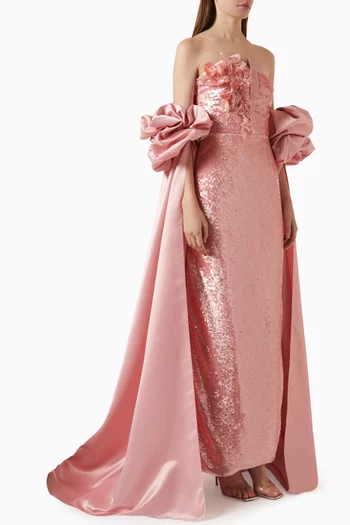 Strapless Floral-appliqué Sequin Gown