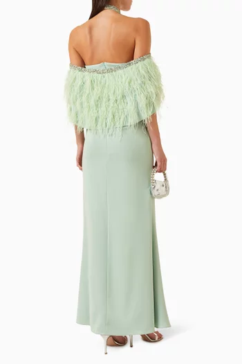 Feather-trimmed Halter Column Gown